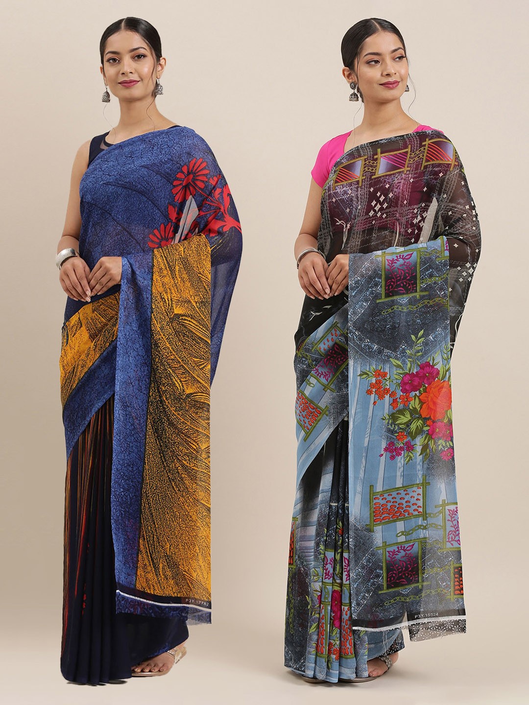 

ANAND SAREES Pack of 2 Poly Georgette Printed Sarees, Black
