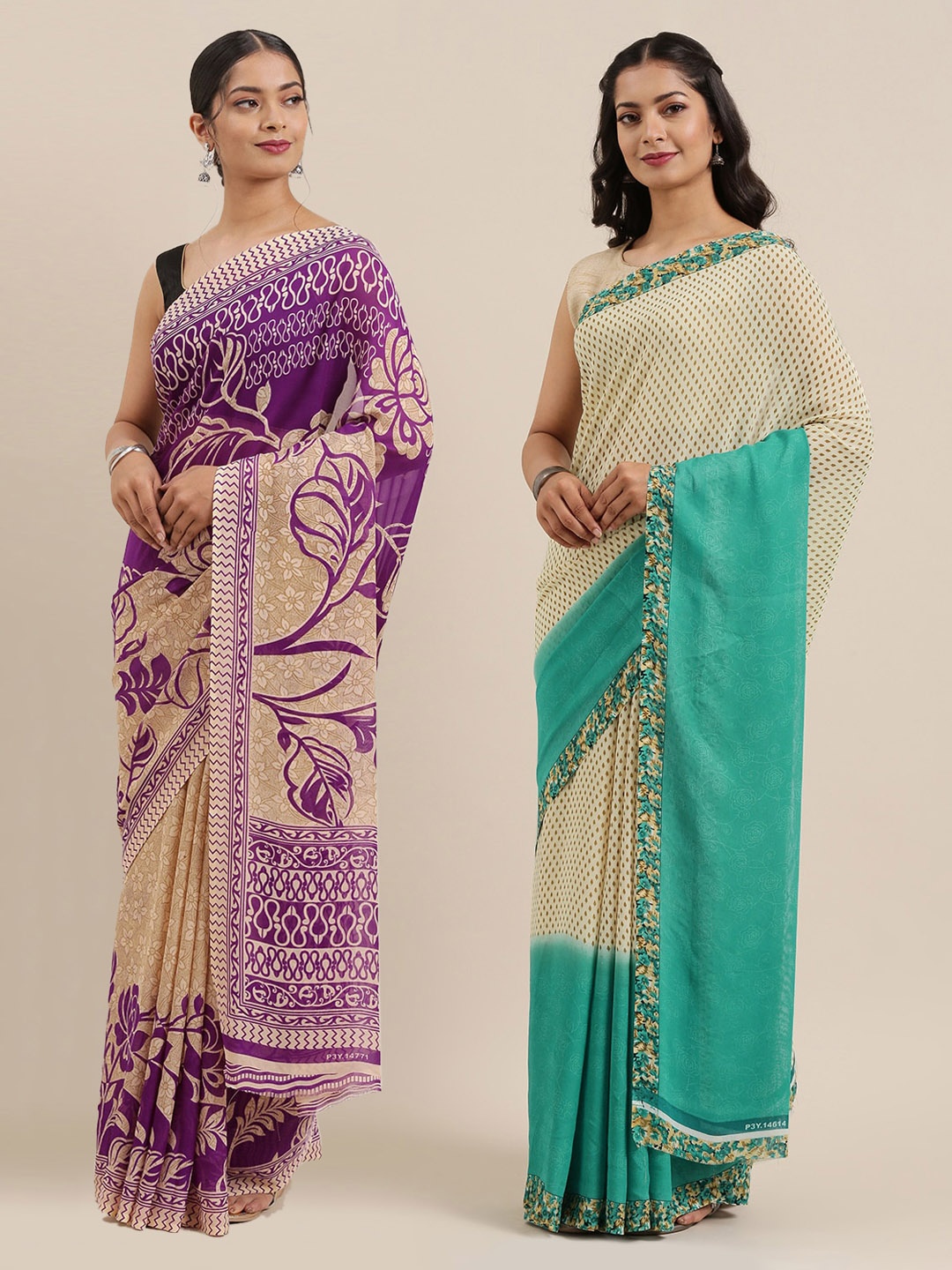 

KALINI Pack of 2 Poly Georgette Printed Sarees, Cream