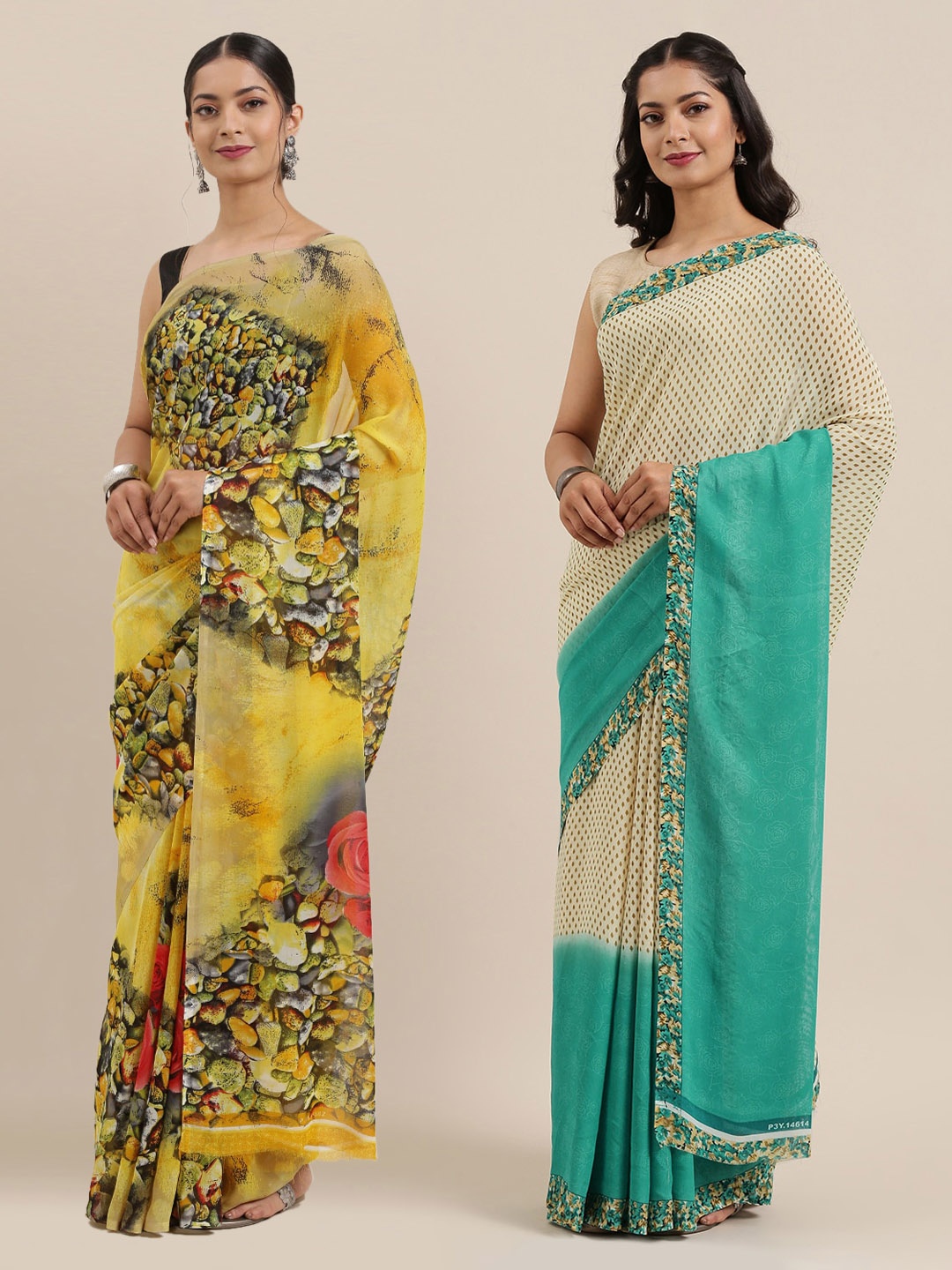 

ANAND SAREES Pack of 2 Poly Georgette Printed Sarees, Cream