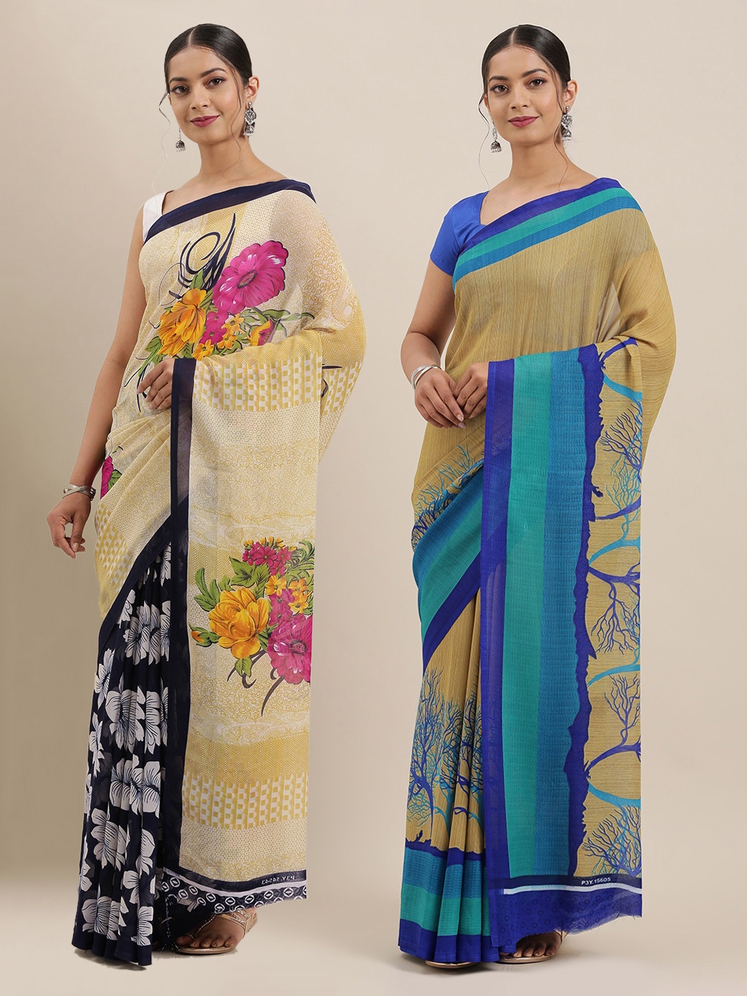 

ANAND SAREES Pack of 2 Poly Georgette Printed Sarees, Beige