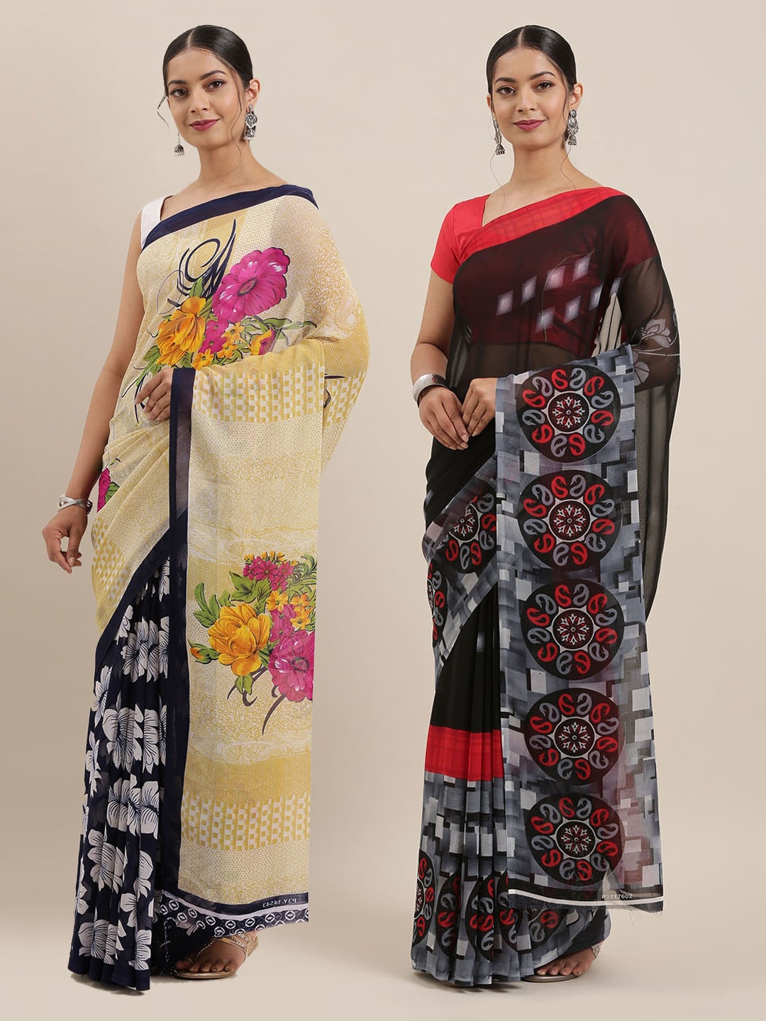 

ANAND SAREES Pack of 2 Poly Georgette Printed Sarees, Black