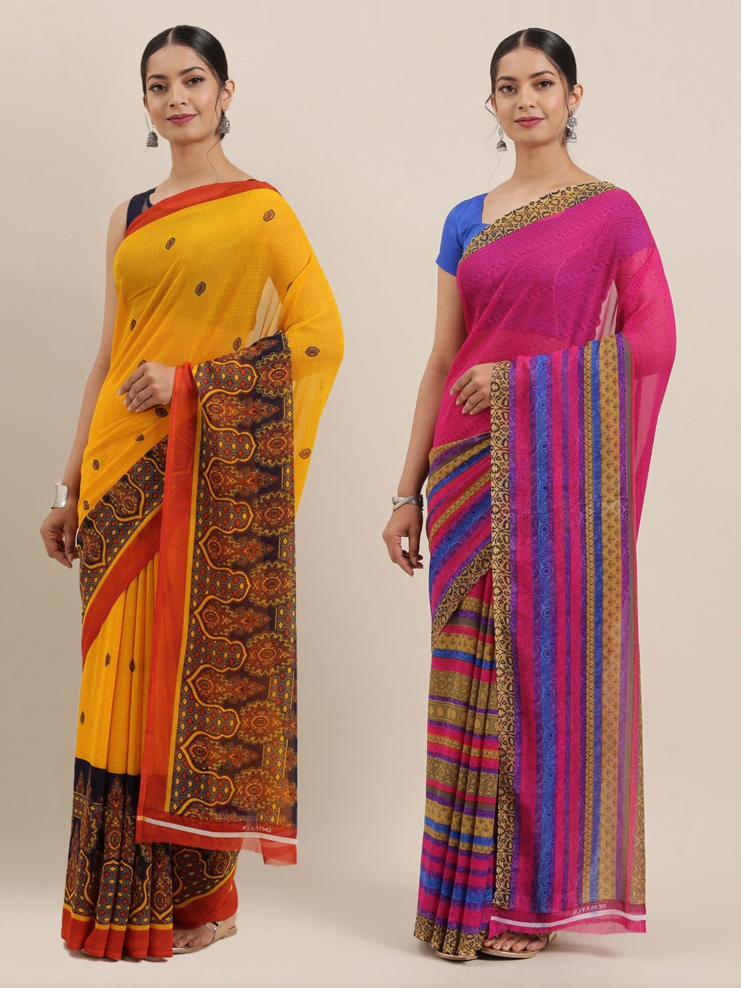 

KALINI Pack of 2 Poly Georgette Ethnic Motifs Printed Sarees, Pink