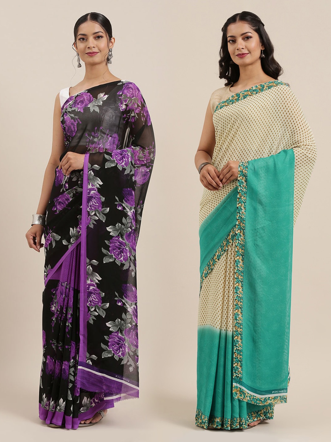 

ANAND SAREES Pack of 2 Poly Georgette Printed Sarees, Cream