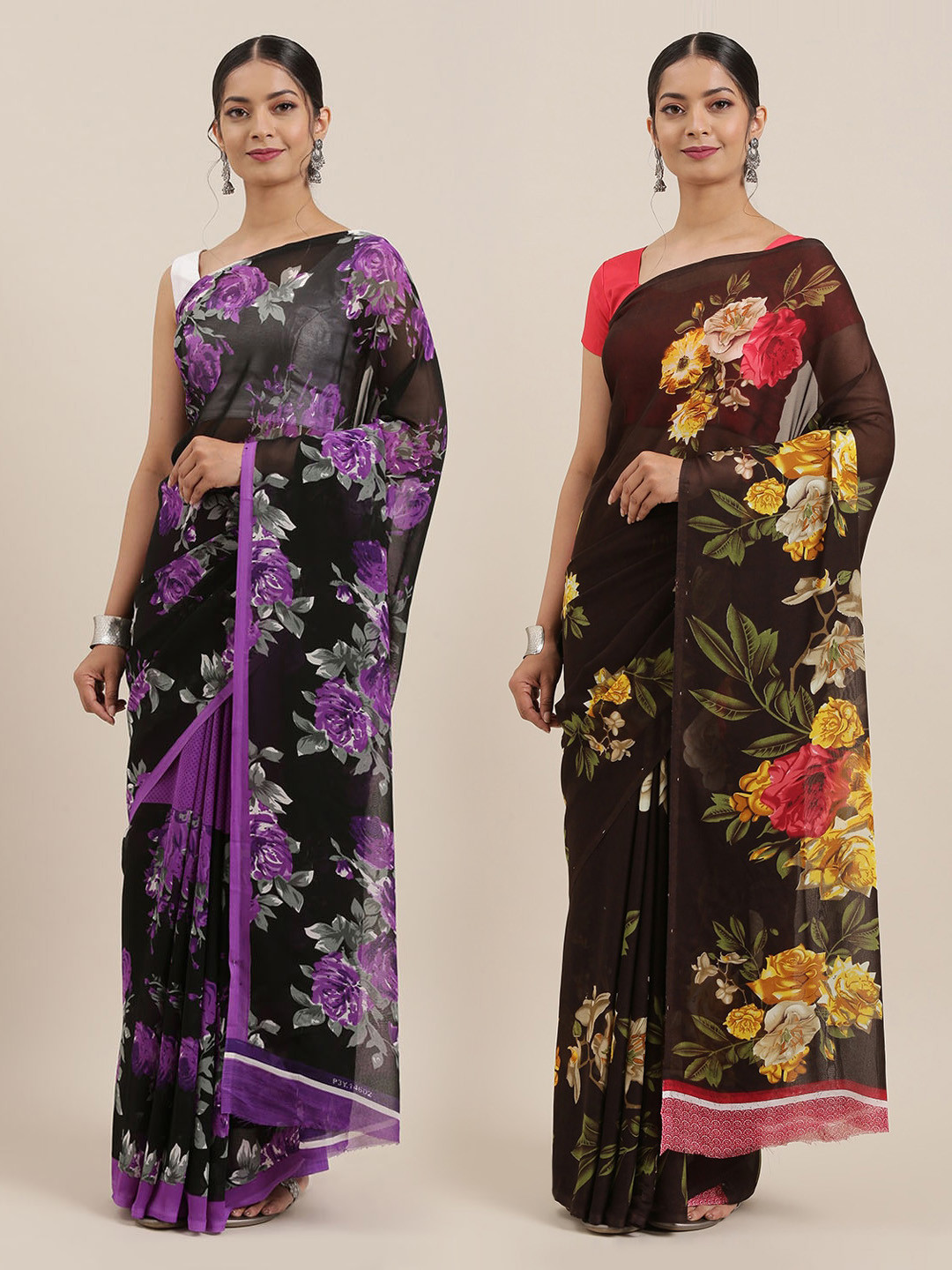 

ANAND SAREES Women Pack of 2 Printed Sarees, Coffee brown