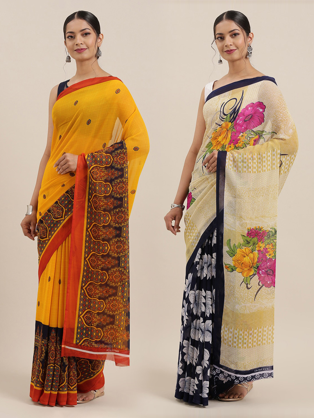 

KALINI Women Pack of 2 Printed Sarees, Beige