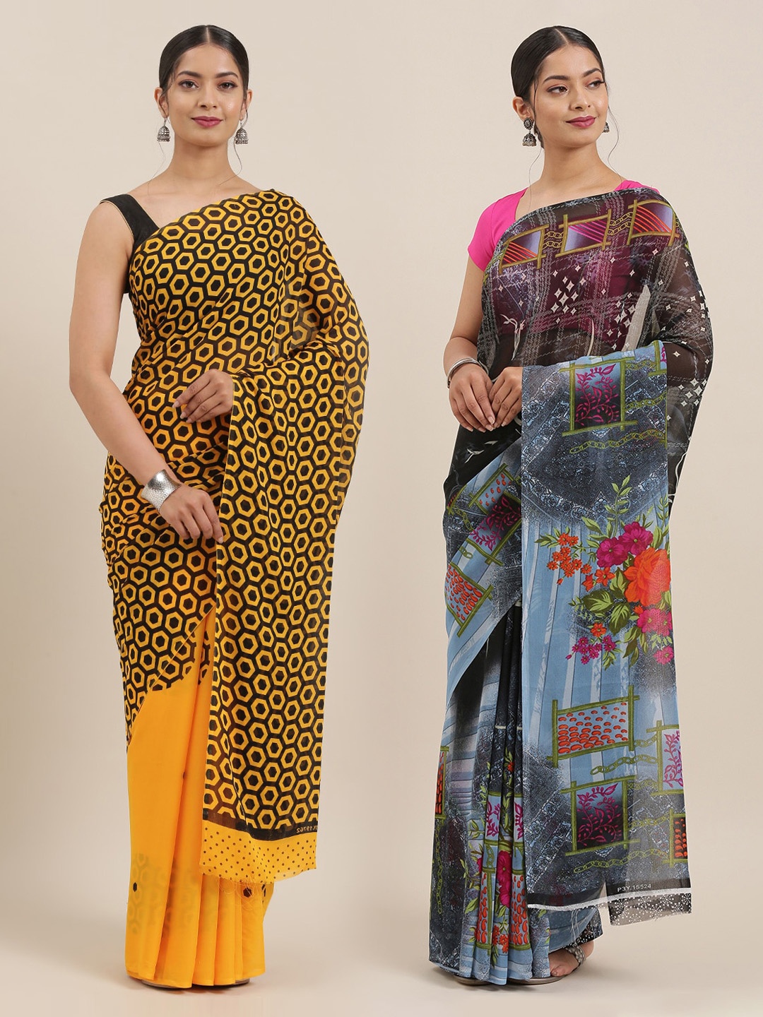 

KALINI Women Pack of 2 Printed Sarees, Black