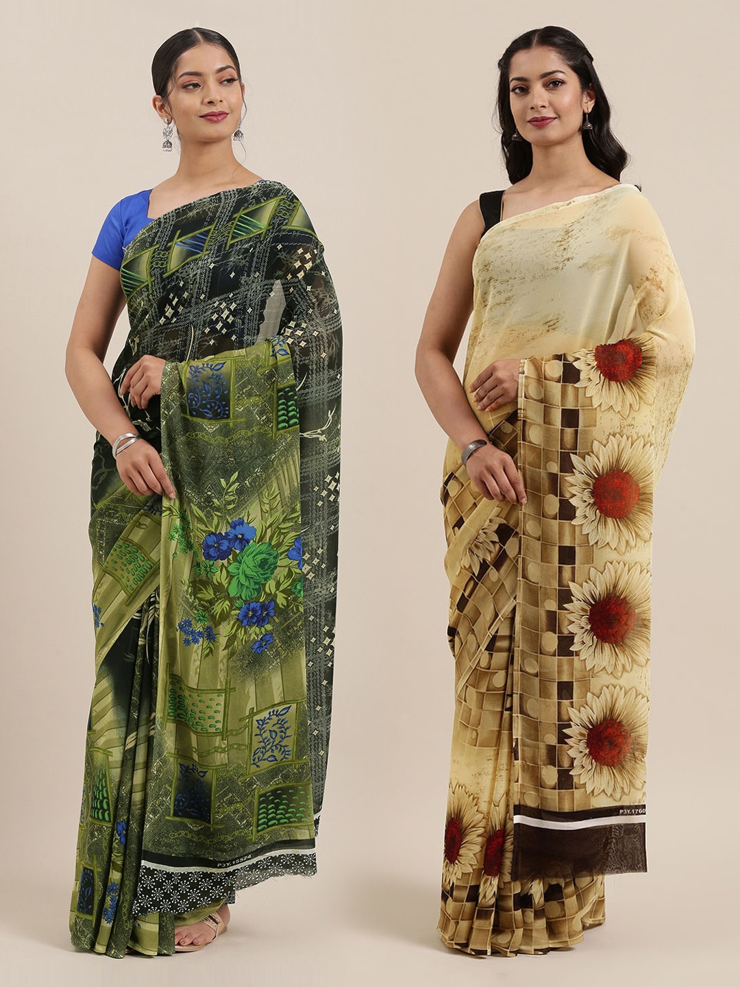 

KALINI Women Pack of 2 Printed Sarees, Beige