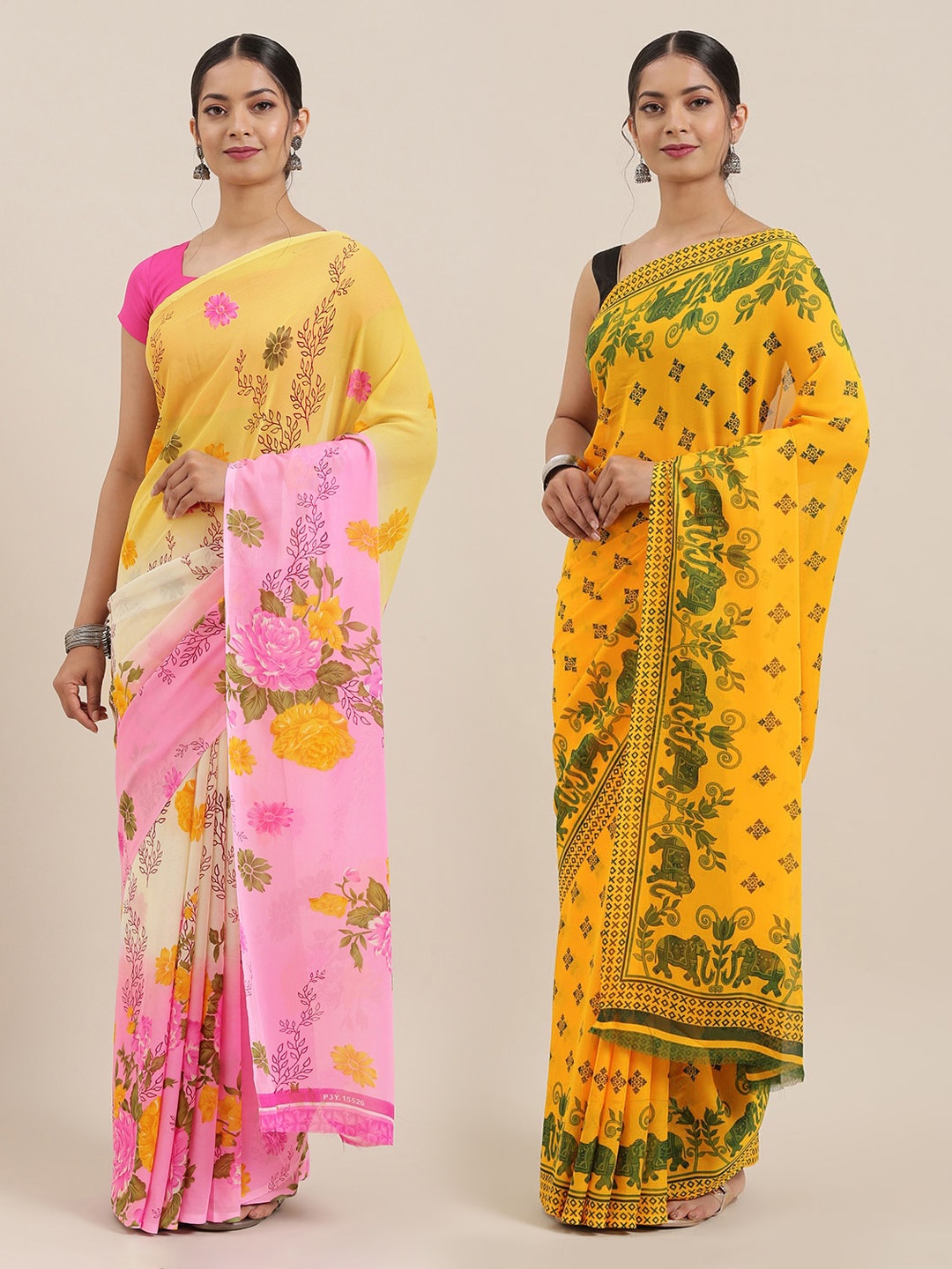 

ANAND SAREES Pack of 2 Printed Sarees, Yellow