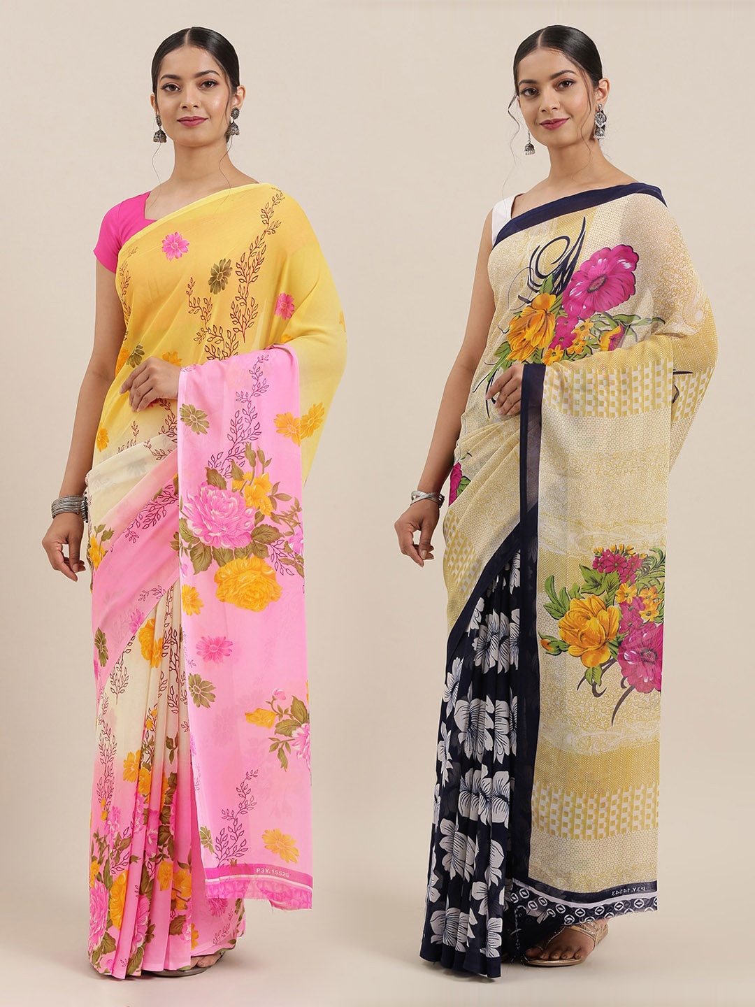 

ANAND SAREES Pack of 2 Floral Print Poly Georgette Sarees, Beige