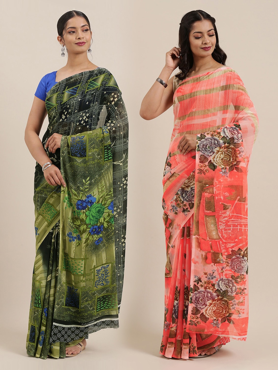 

KALINI Pack of 2 Floral Print Poly Georgette Sarees, Coral