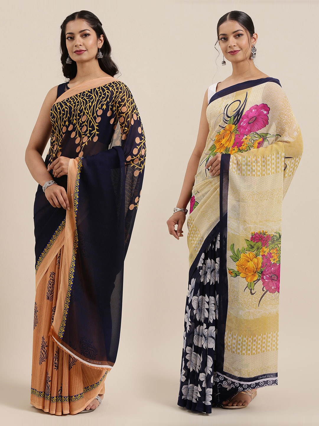 

ANAND SAREES Pack of 2 Printed Poly Georgette Sarees, Beige