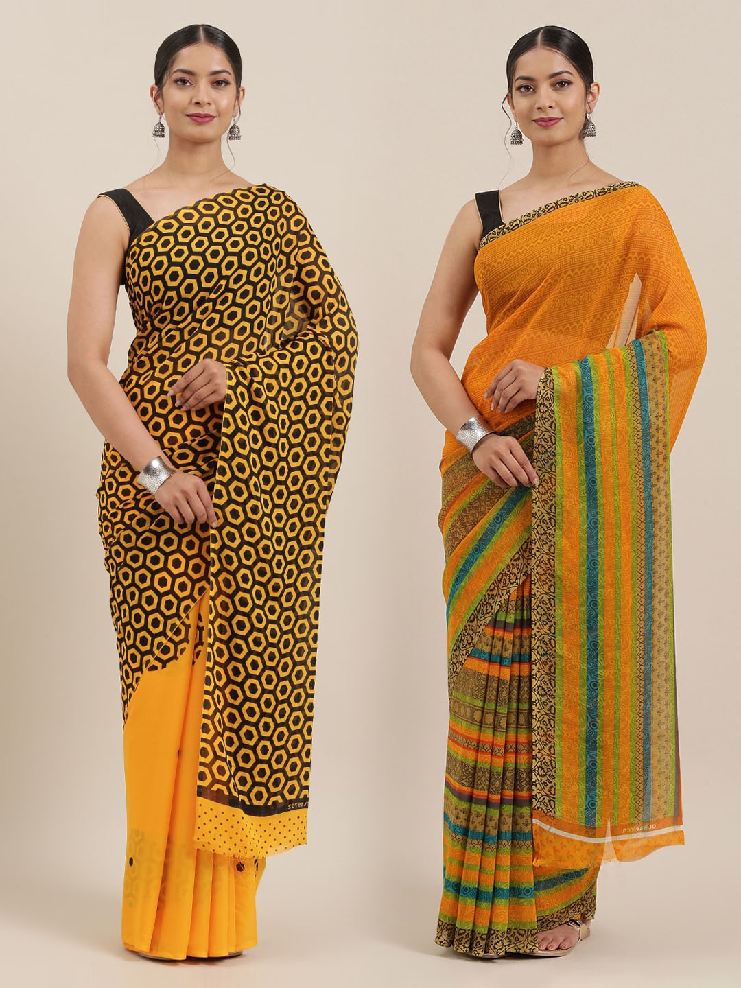 

KALINI Pack of 2 Printed Poly Georgette Sarees, Mustard