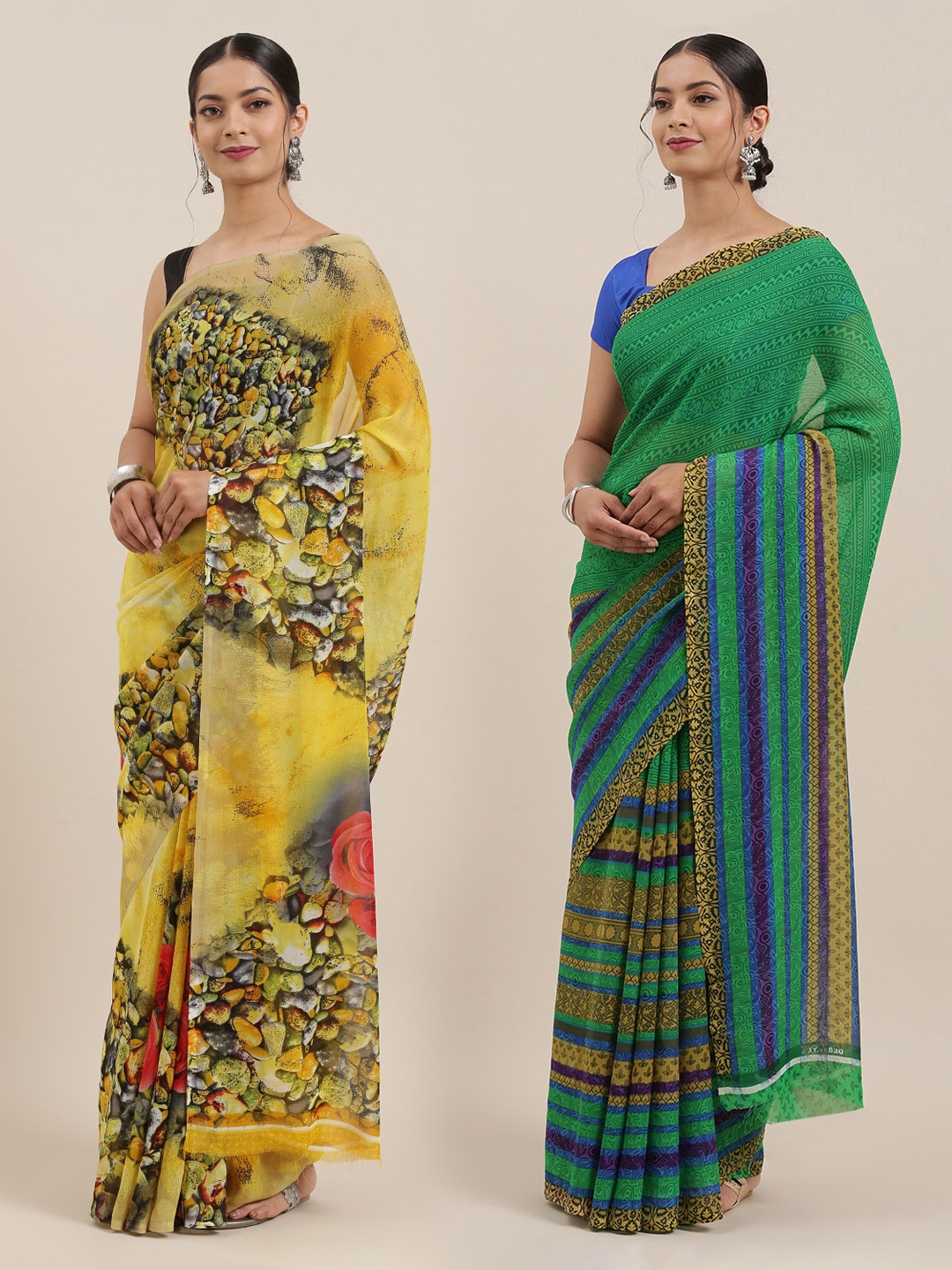 

ANAND SAREES Pack of 2 Printed Poly Georgette Sarees, Yellow