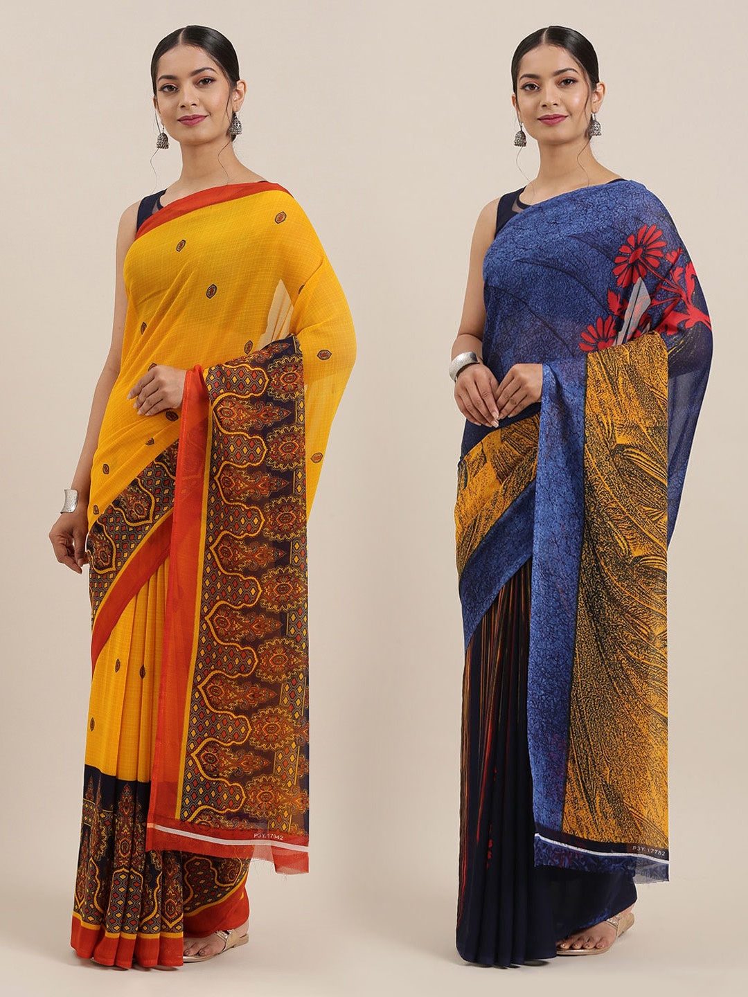 

KALINI Pack of 2 Printed Poly Georgette Sarees, Blue