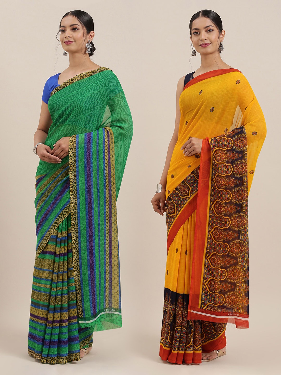 

KALINI Pack of 2 Printed Poly Georgette Sarees, Mustard