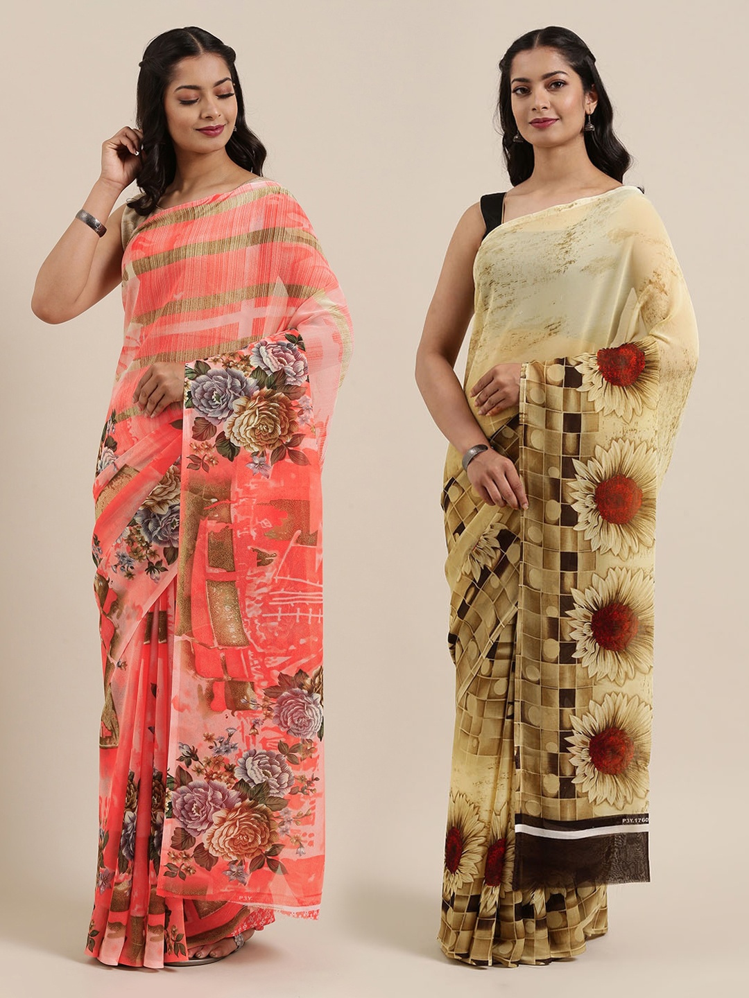 

ANAND SAREES Pack of 2 Floral Print Poly Georgette Sarees, Beige