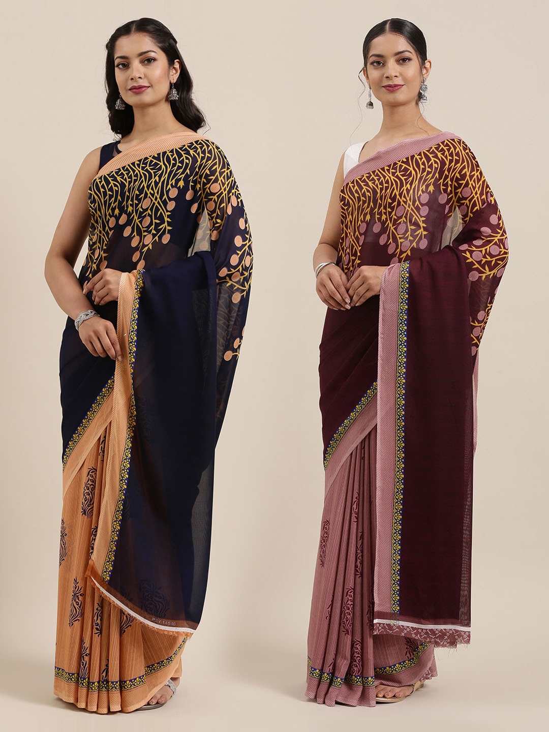 

ANAND SAREES Pack of 2 Poly Georgette Floral Print Half & Half Sarees, Purple