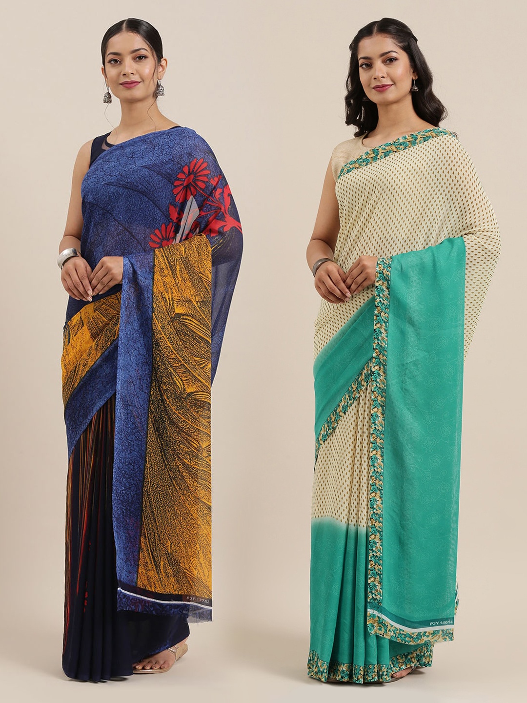 

ANAND SAREES Pack of 2 Poly Georgette Printed Sarees, Cream