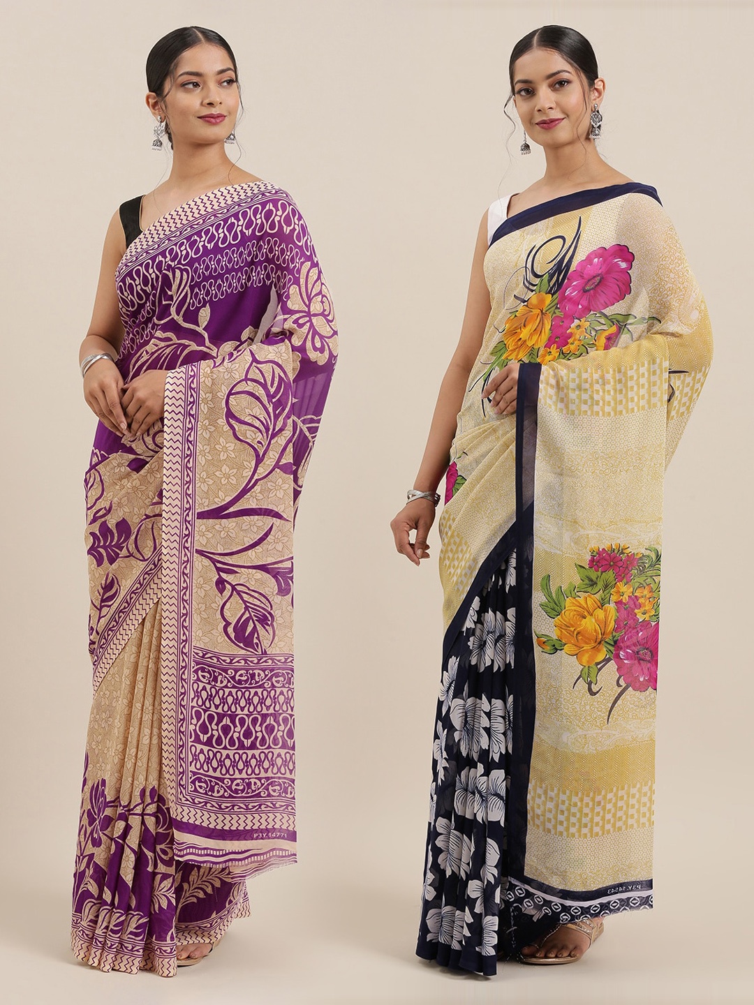 

KALINI Pack of 2 Poly Georgette Floral Print Sarees, Beige