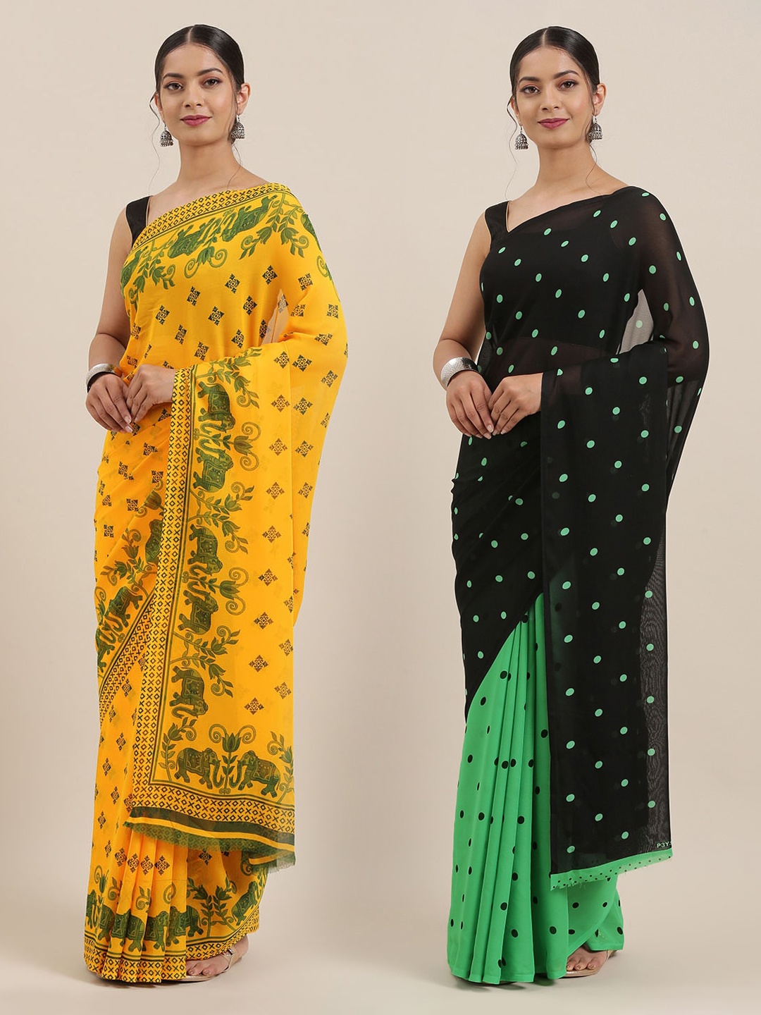 

ANAND SAREES Pack of 2 Poly Georgette Printed Sarees, Mustard