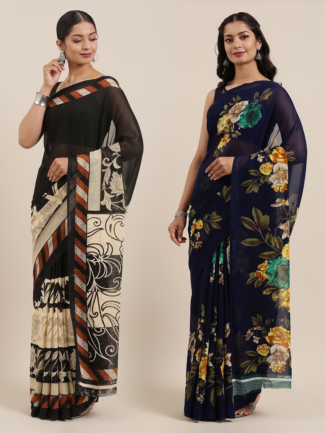 

ANAND SAREES Pack of 2 Poly Georgette Floral Printed Sarees, Navy blue