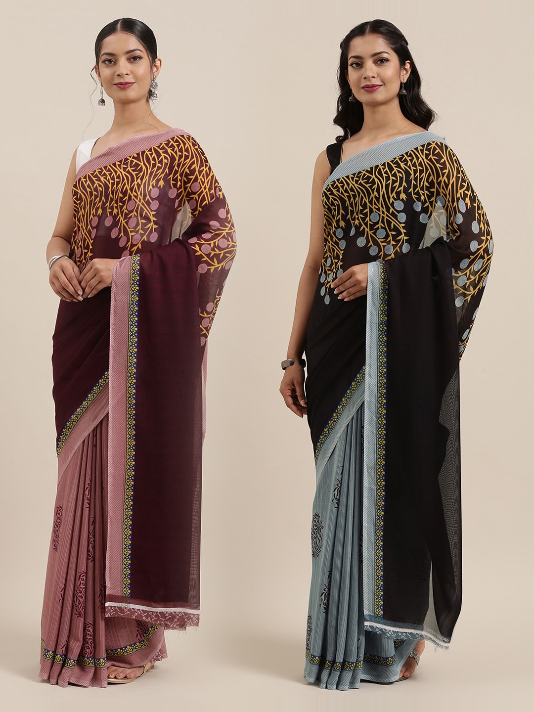 

ANAND SAREES Pack of 2 Poly Georgette Floral Print Half & Half Sarees, Black