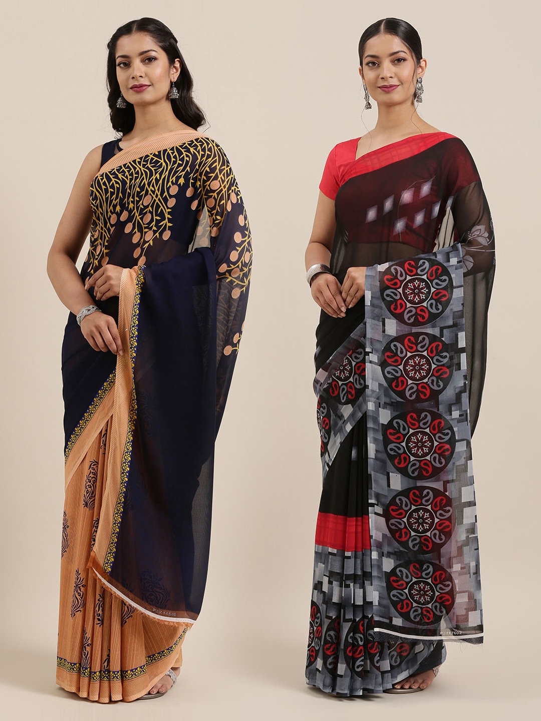 

ANAND SAREES Pack of 2 Poly Georgette Printed Sarees, Black