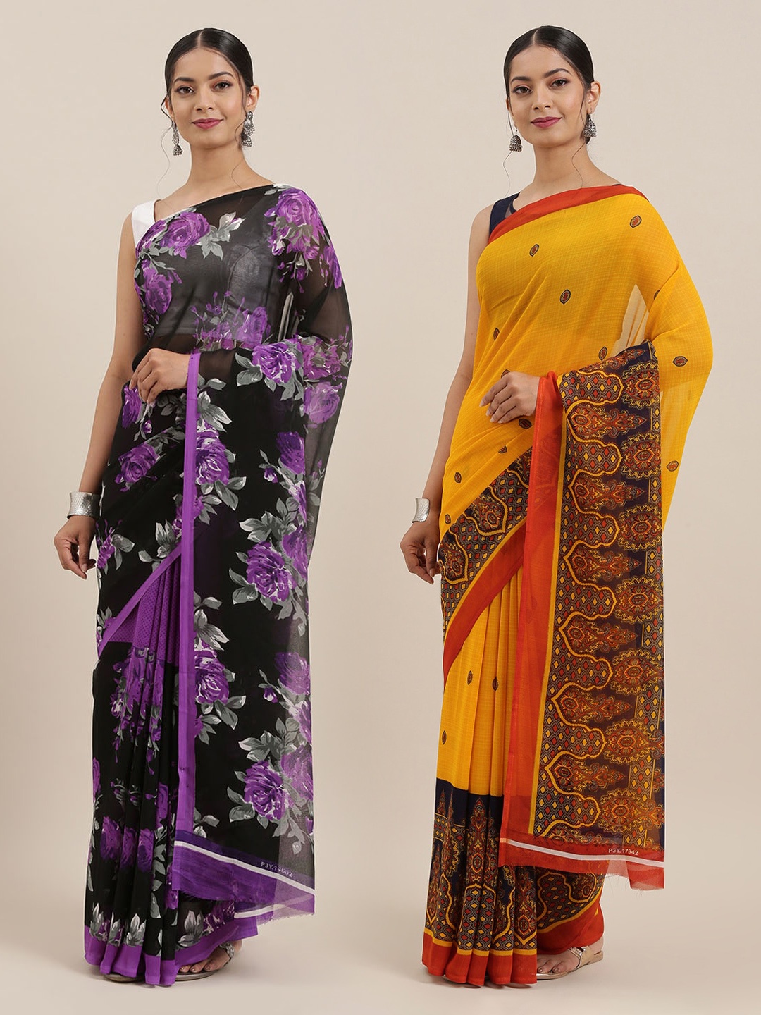 

KALINI Pack of 2 Poly Georgette Printed Sarees, Mustard