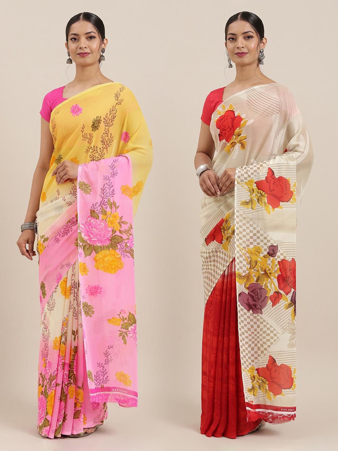 

ANAND SAREES Pack of 2 Poly Georgette Floral Printed Sarees, Off white