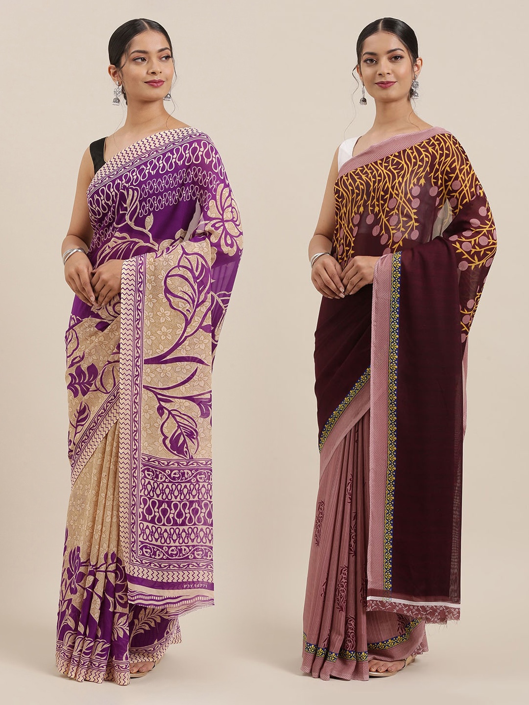 

KALINI Pack of 2 Printed Sarees, Purple