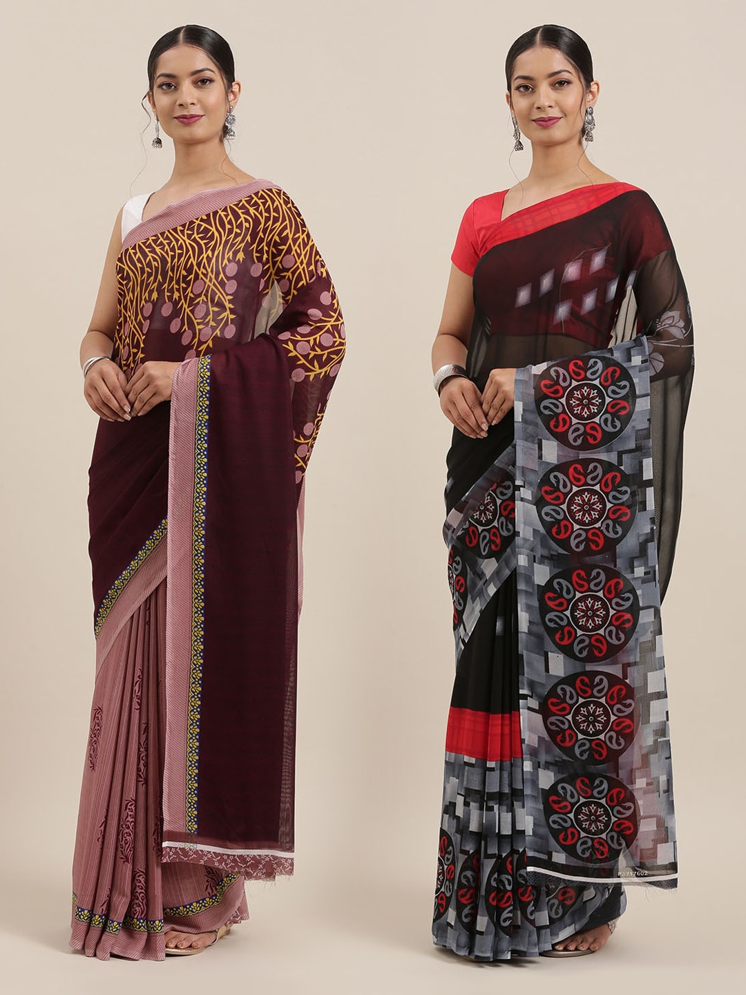 

ANAND SAREES Pack of 2 Printed Sarees, Black