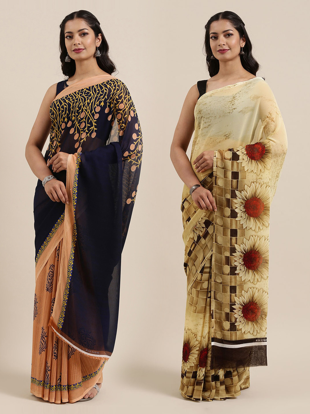 

ANAND SAREES Pack of 2 Printed Sarees, Beige