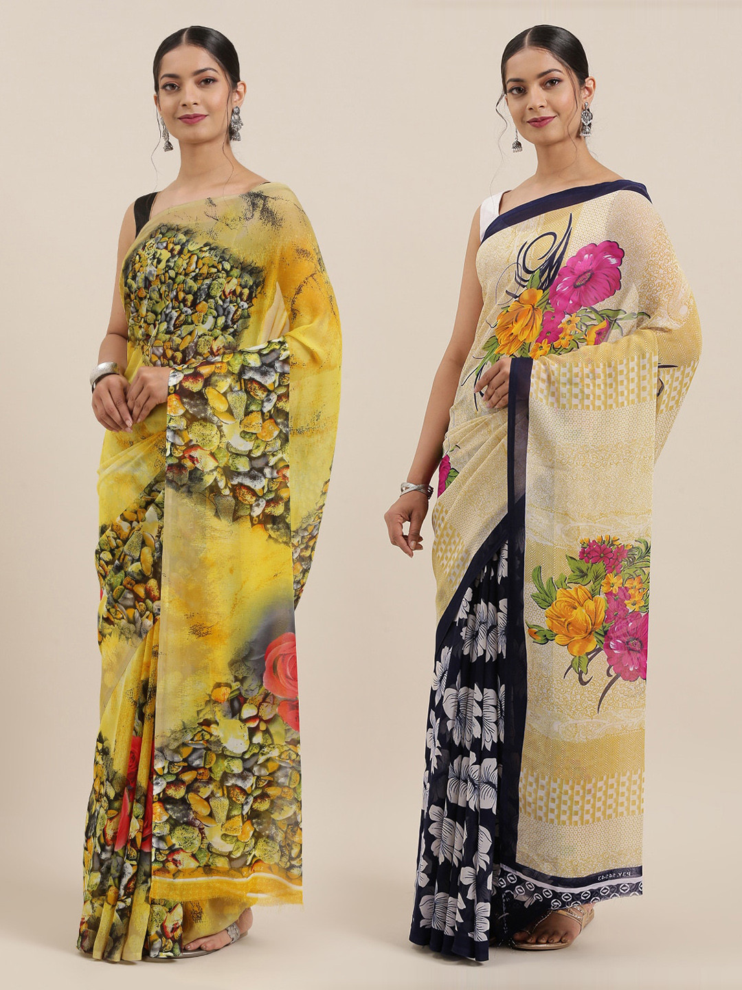 

ANAND SAREES Pack of 2 Printed Sarees, Beige