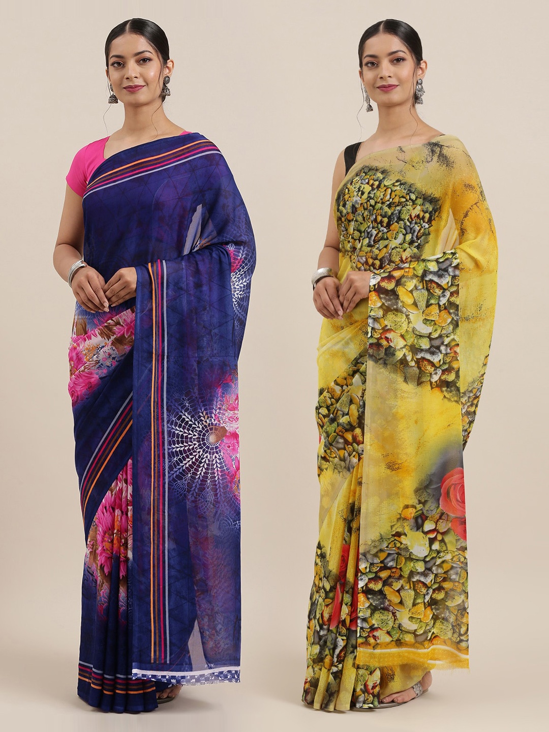 

ANAND SAREES Pack of 2 Printed Sarees, Yellow