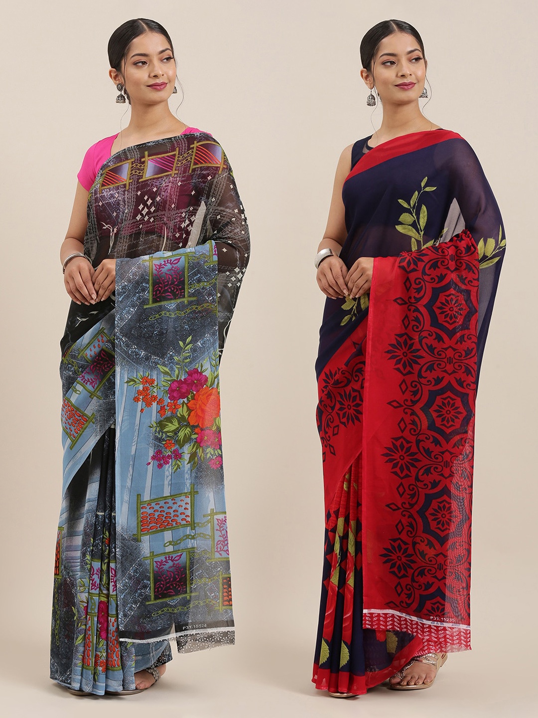 

ANAND SAREES Pack of 2 Printed Sarees, Black