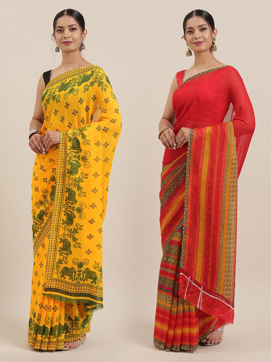 

ANAND SAREES Women Pack of 2 Printed Sarees, Red