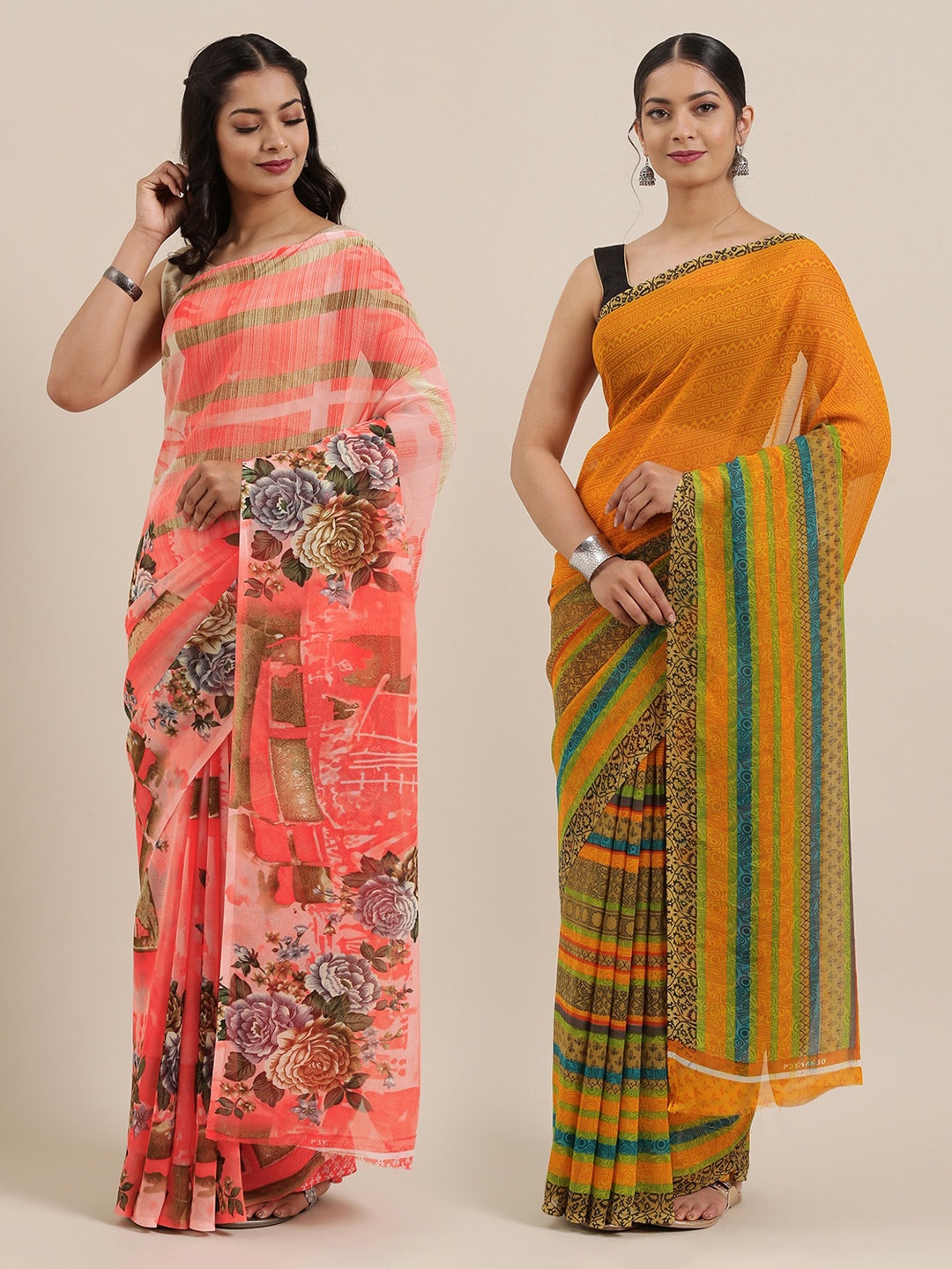 

ANAND SAREES Women Pack of 2 Printed Sarees, Coral