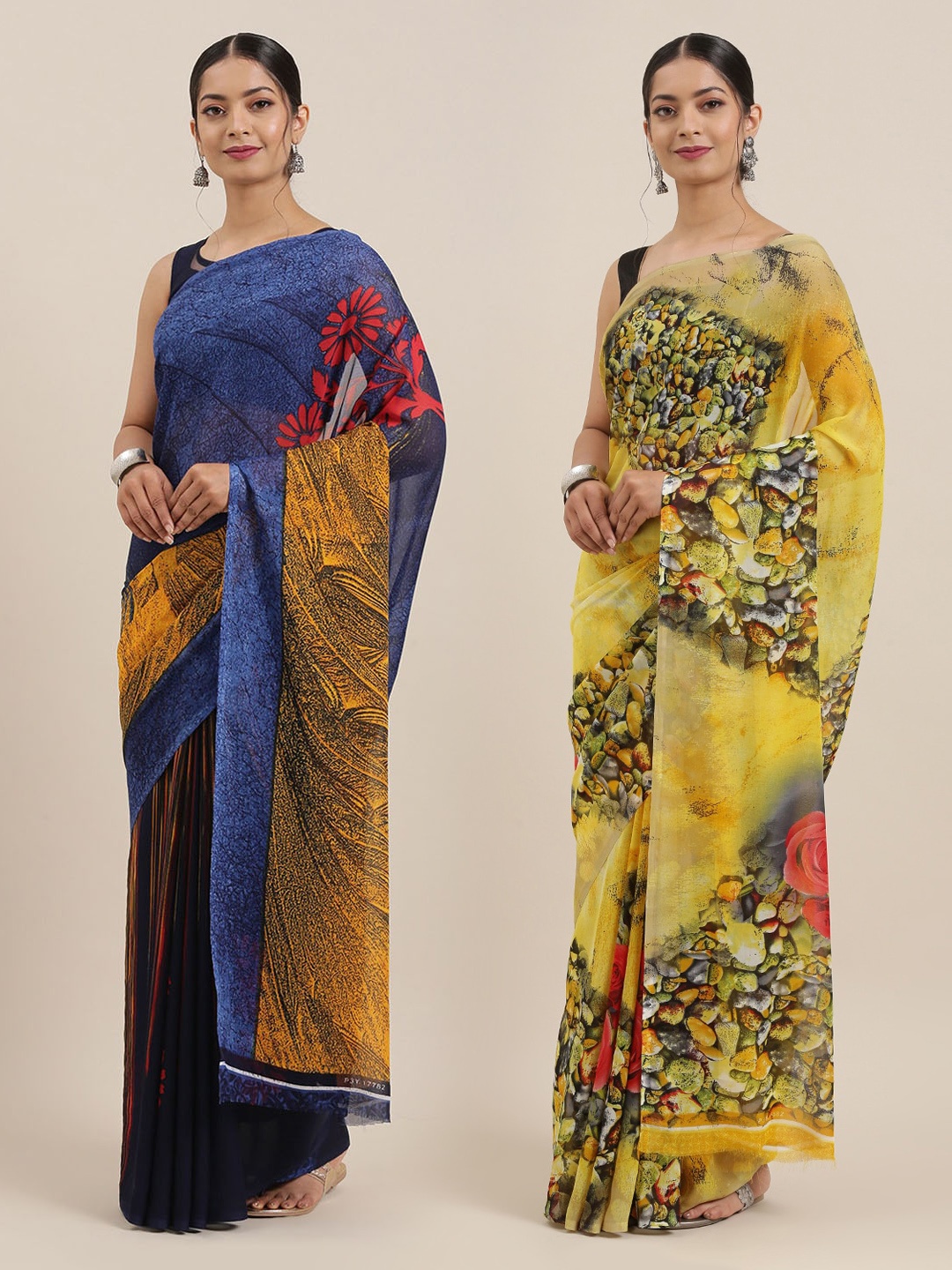 

KALINI Women Pack of 2 Printed Sarees, Yellow