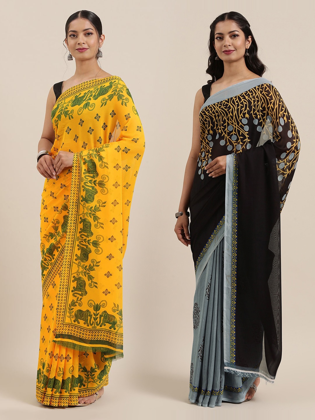 

ANAND SAREES Women Pack of 2 Printed Sarees, Yellow