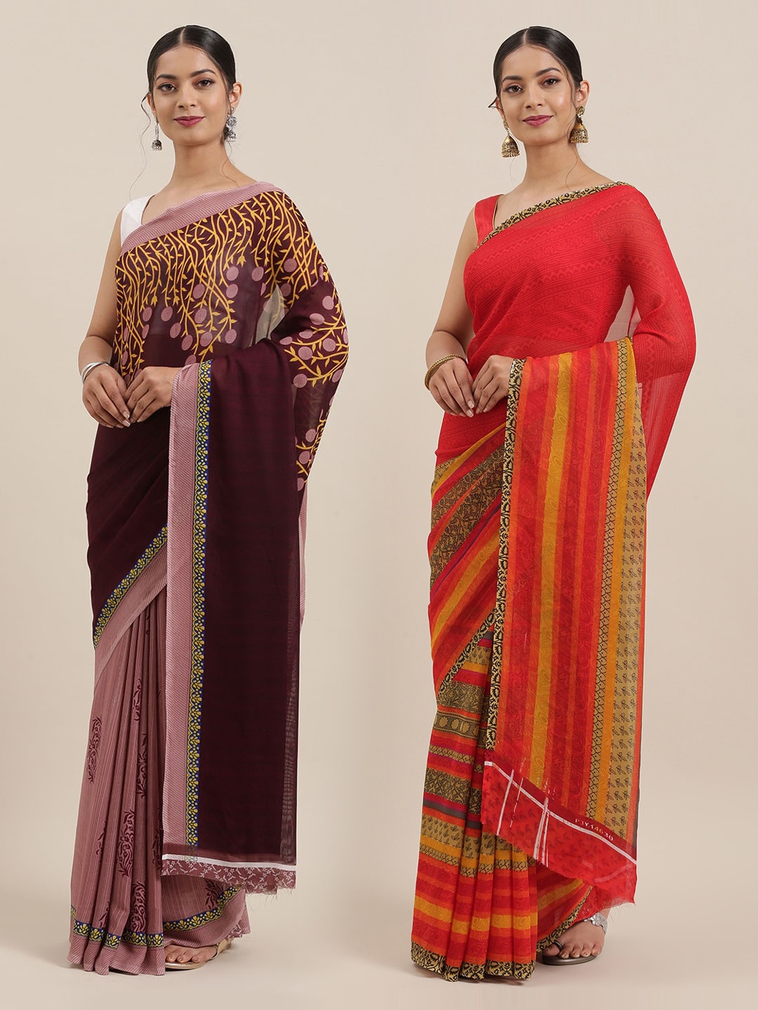 

ANAND SAREES Women Pack of 2 Printed Sarees, Red