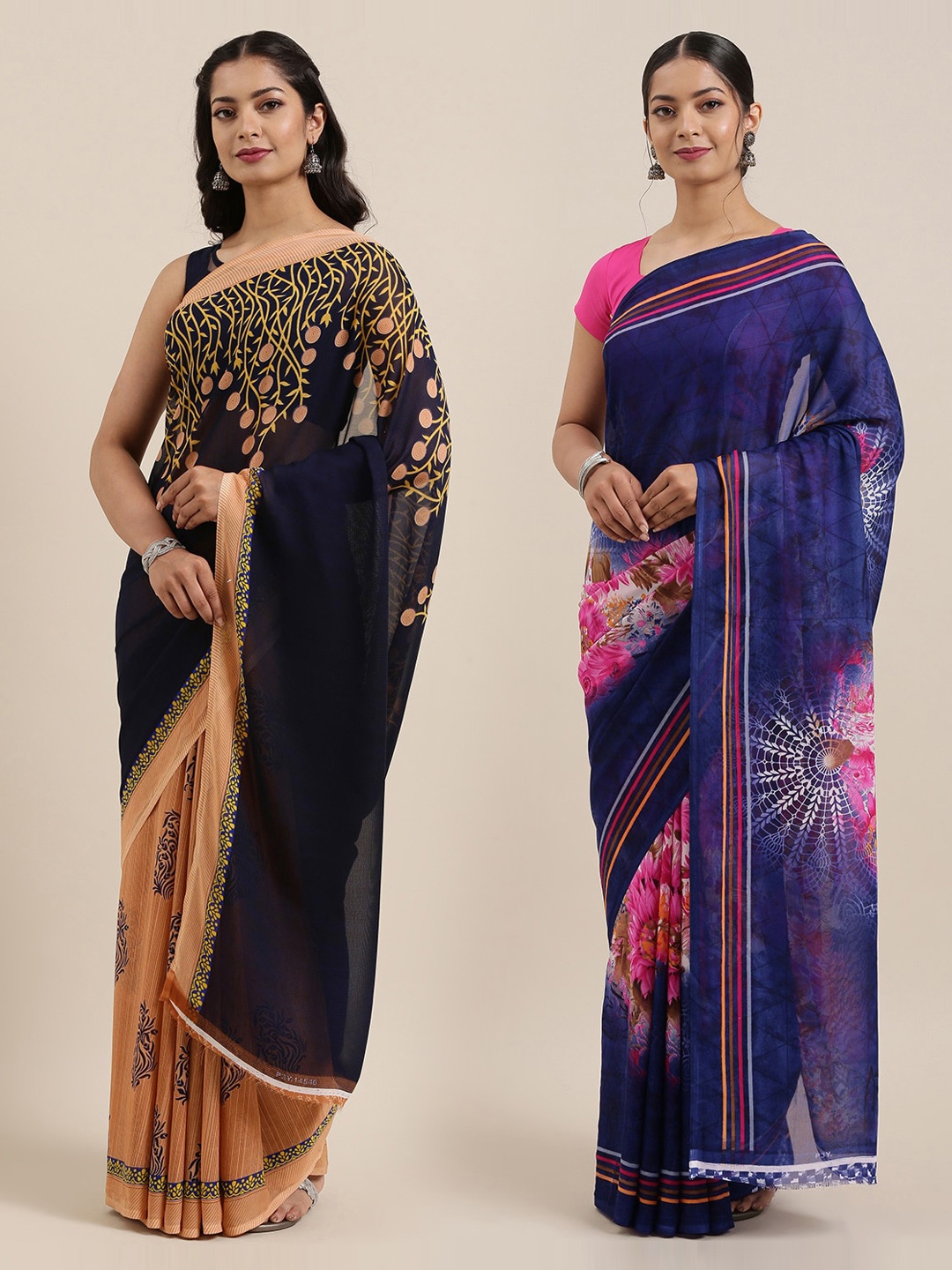 

ANAND SAREES Women Pack of 2 Printed Sarees, Navy blue