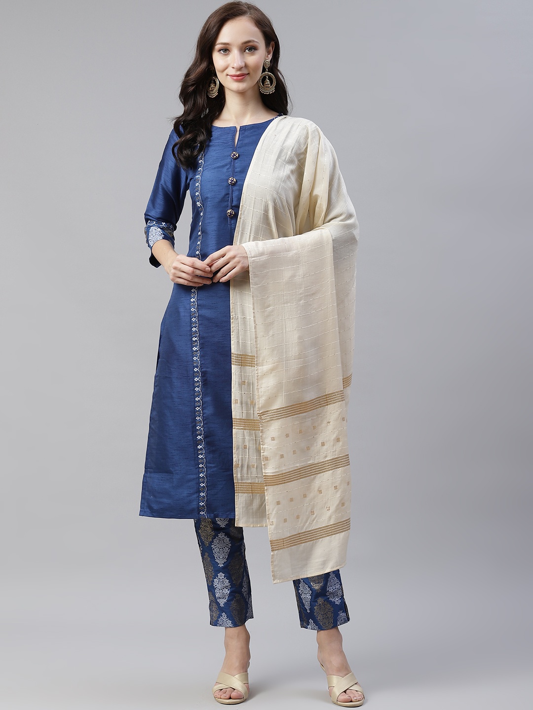 

ZIYAA Women Blue & White Ethnic Motifs Printed Kurta with Trousers & Dupatta