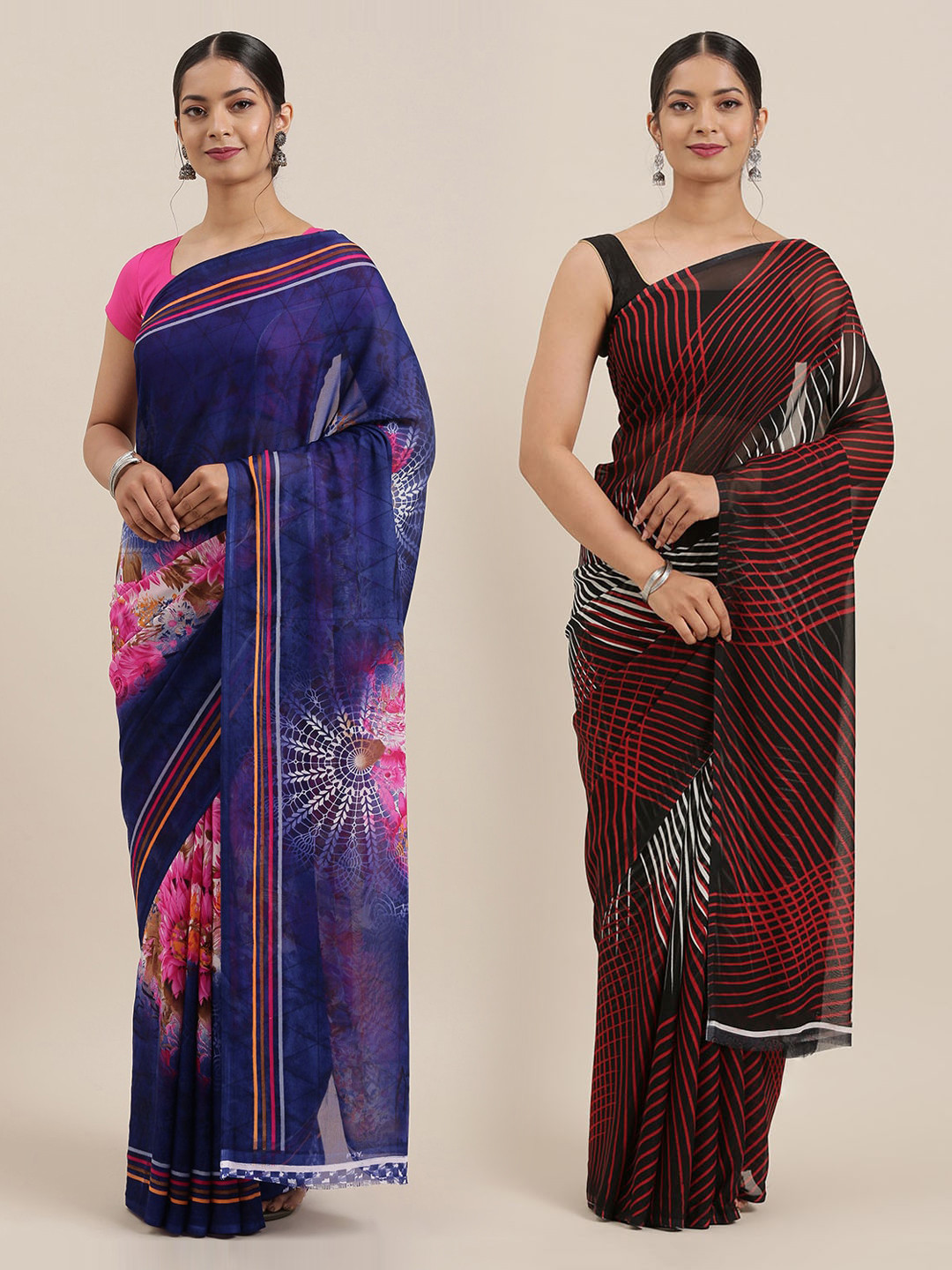 

ANAND SAREES Women Pack of 2 Printed Sarees, Black