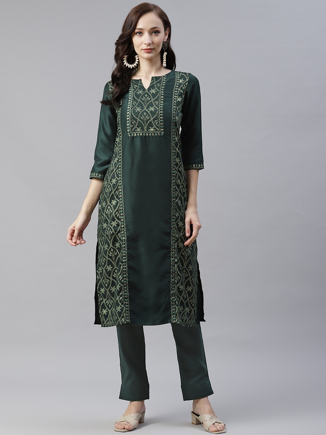 

ZIYAA Women Teal Green & Golden Ethnic Motifs Printed Kurta with Trousers