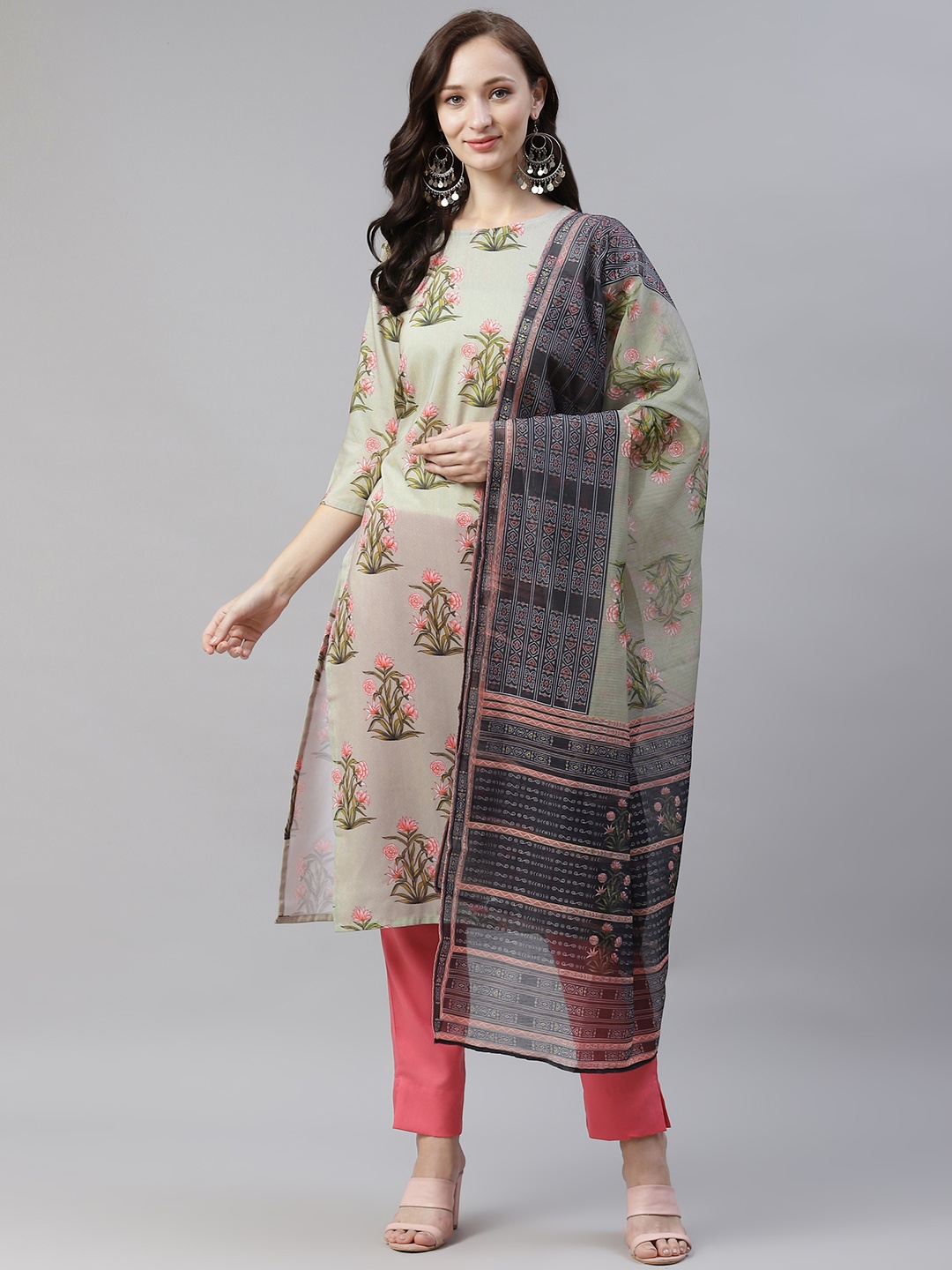 

ZIYAA Women Grey & Red Floral Printed Kurta with Trousers & Dupatta