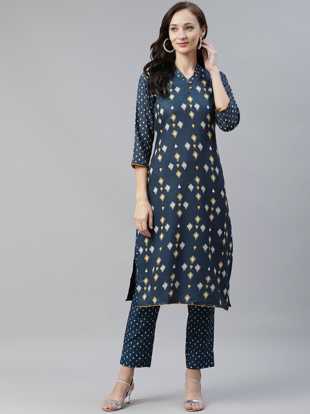 

ZIYAA Women Navy Blue & Yellow Printed Kurta with Trousers