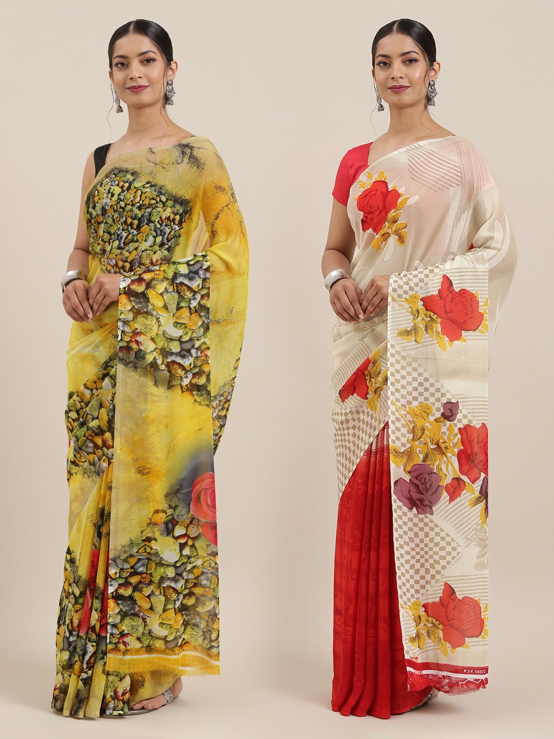 

ANAND SAREES Women Pack of 2 Printed Sarees, Yellow