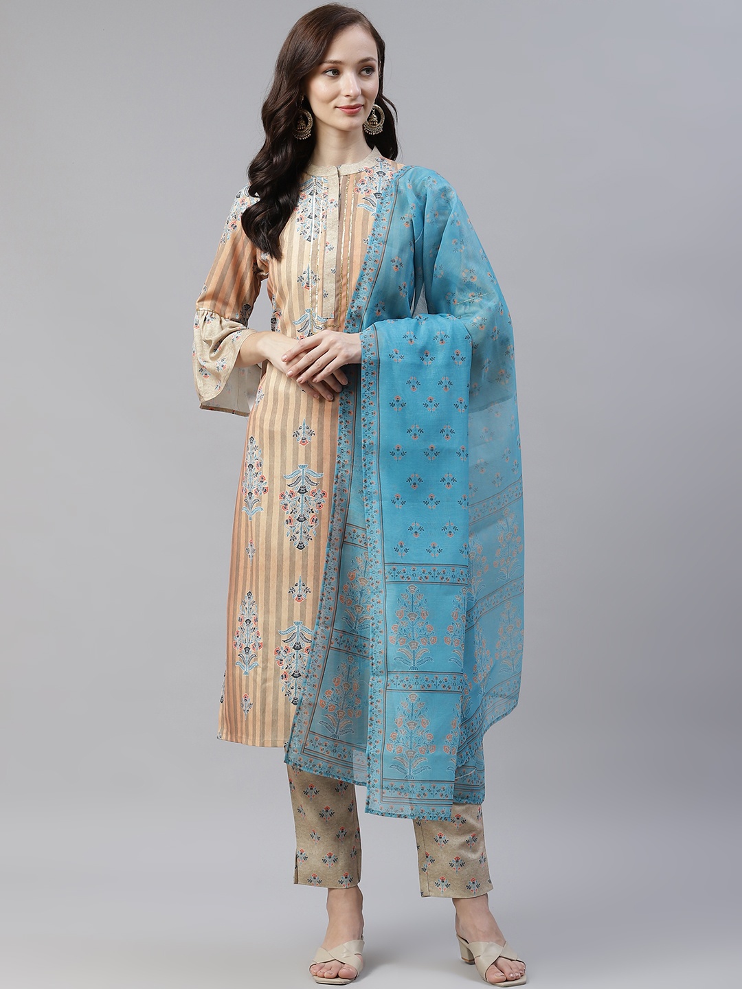 

ZIYAA Women Yellow & Blue Ethnic Motifs Printed Kurta with Trousers & Dupatta