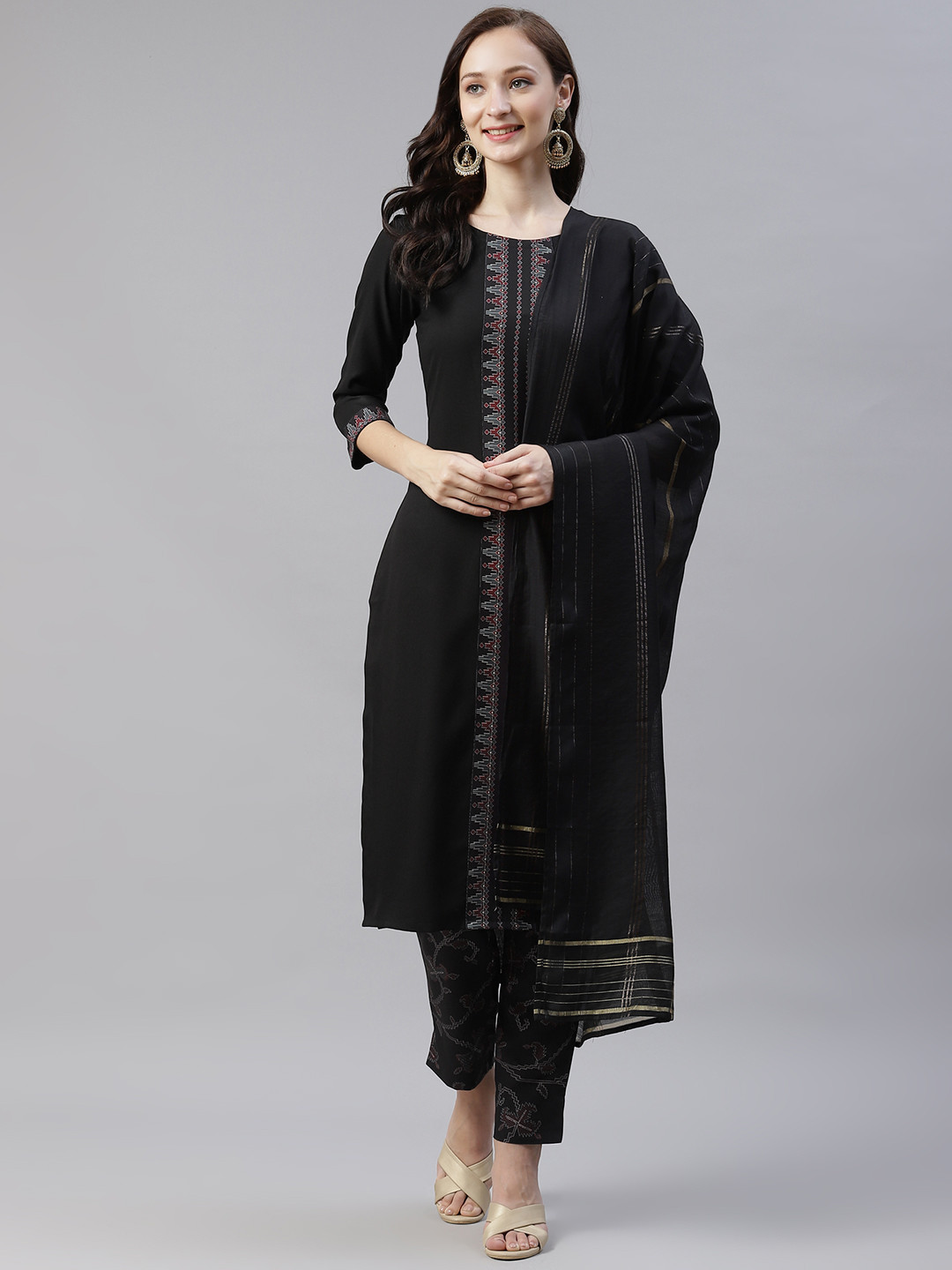 

ZIYAA Women Black Printed Kurta with Trousers & Dupatta
