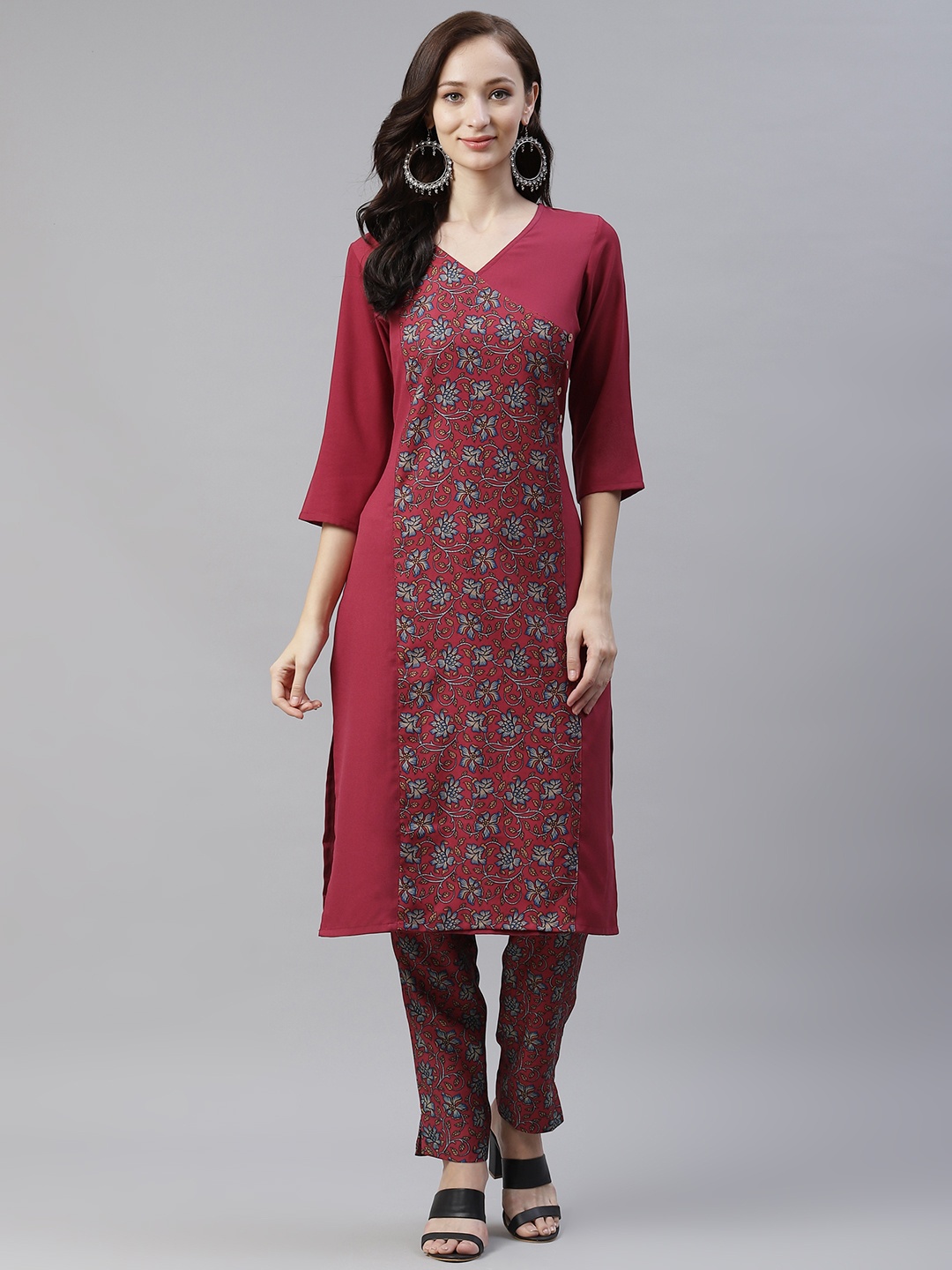 

ZIYAA Women Maroon & Blue Floral Printed Kurta with Trousers